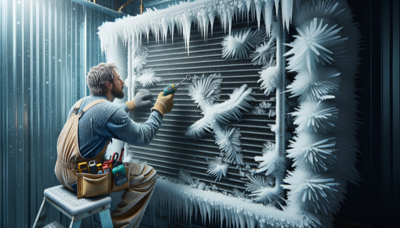 Frozen evaporator coil with ice buildup showing detailed diagnostics