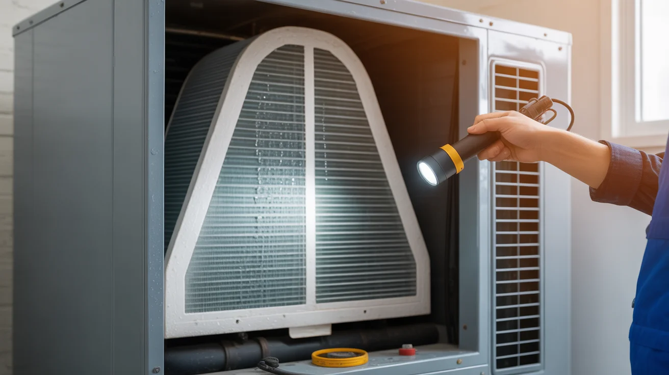 HVAC technician inspecting an evaporator coil inside an air handler unit