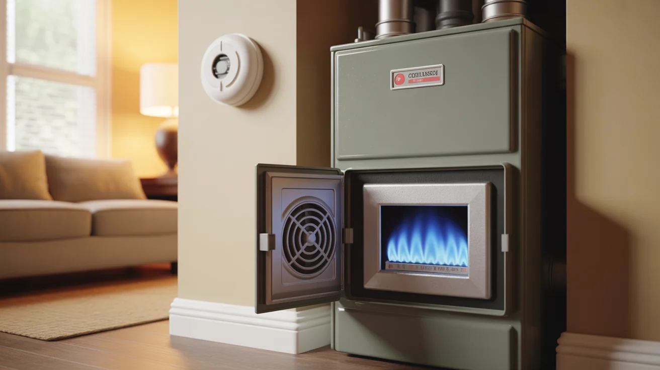 Gas furnace safety guide showing flame color comparison and CO detector