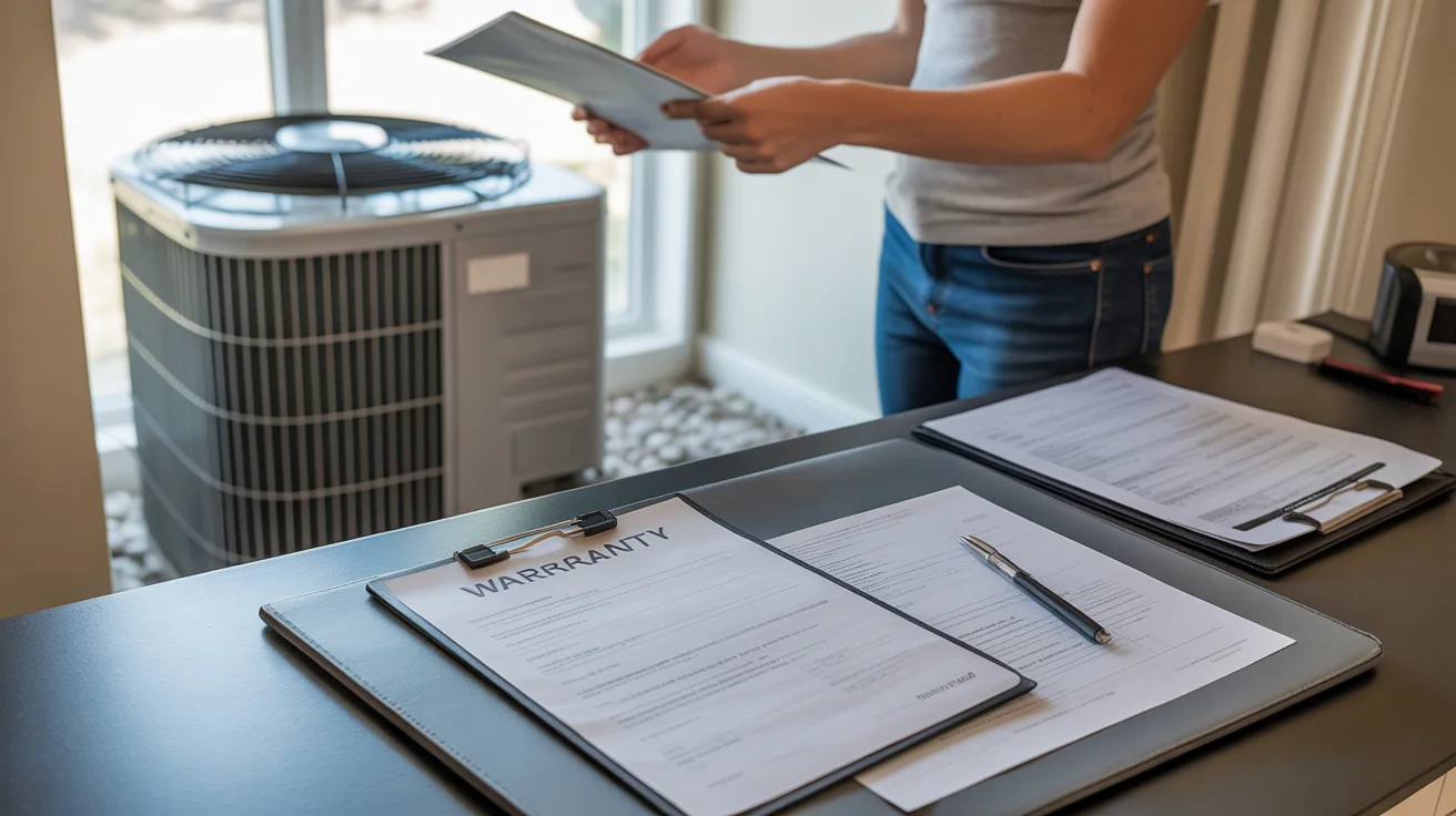 HVAC warranty paperwork next to a residential air conditioning unit in North Texas