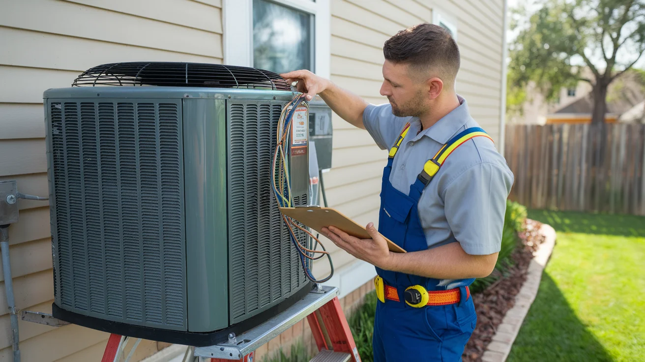 HVAC technician inspecting old air conditioning unit