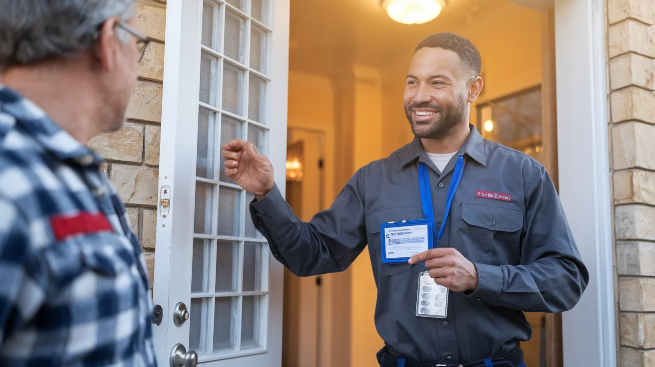 Professional HVAC contractor showing credentials to homeowner